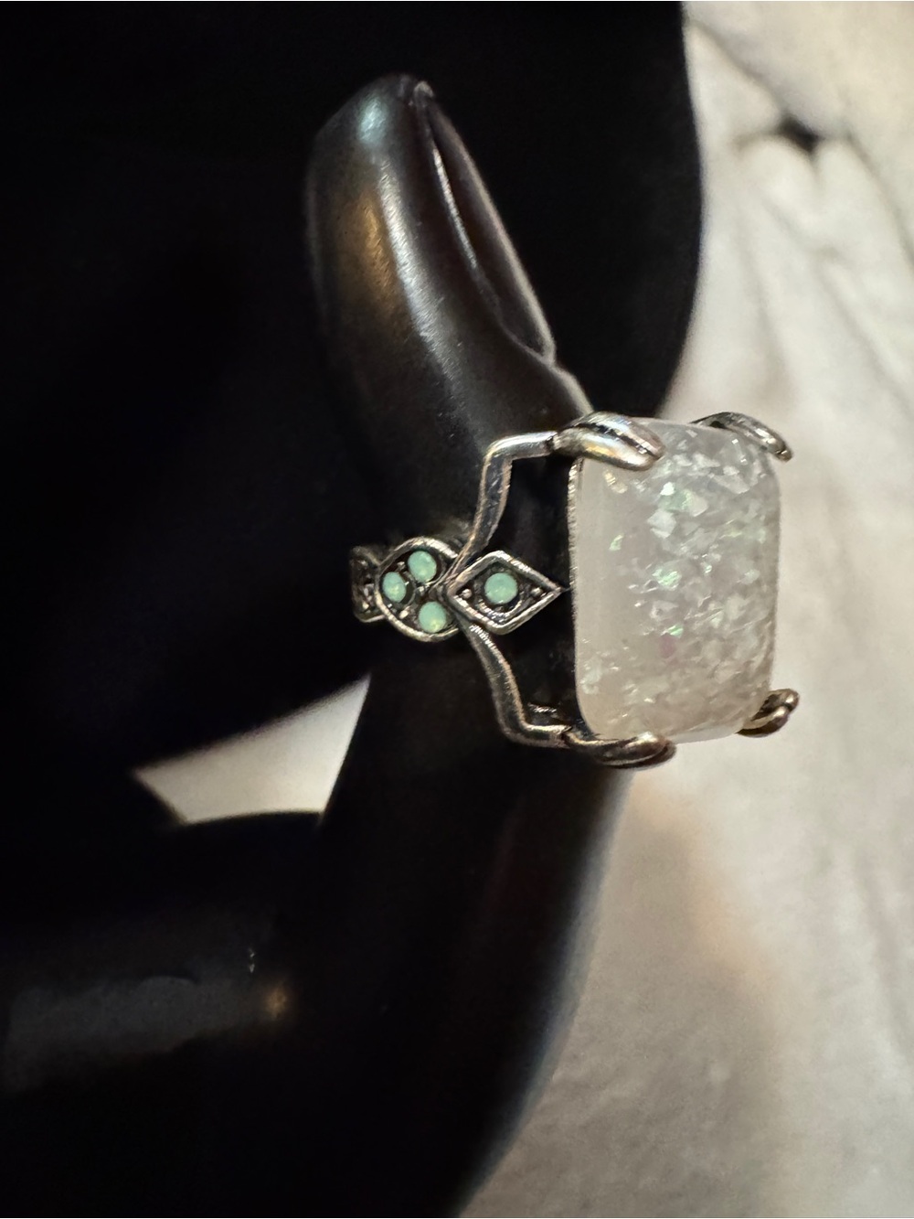 Sterling Silver colored White Opalized Glass Statement Ring